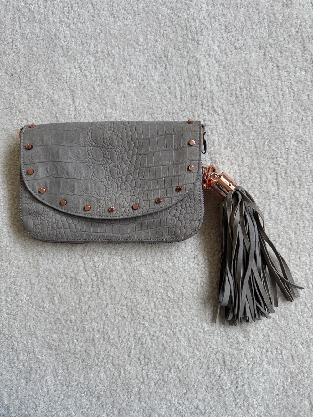 New Ted Baker London Grey Croc-Embossed Tassel Rose Gold Handbag Clutch